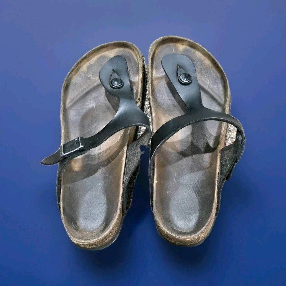 Birkenstock Women Black‎ Leather Thong Sandals Buckle Cork Footbed Size 9 Woman